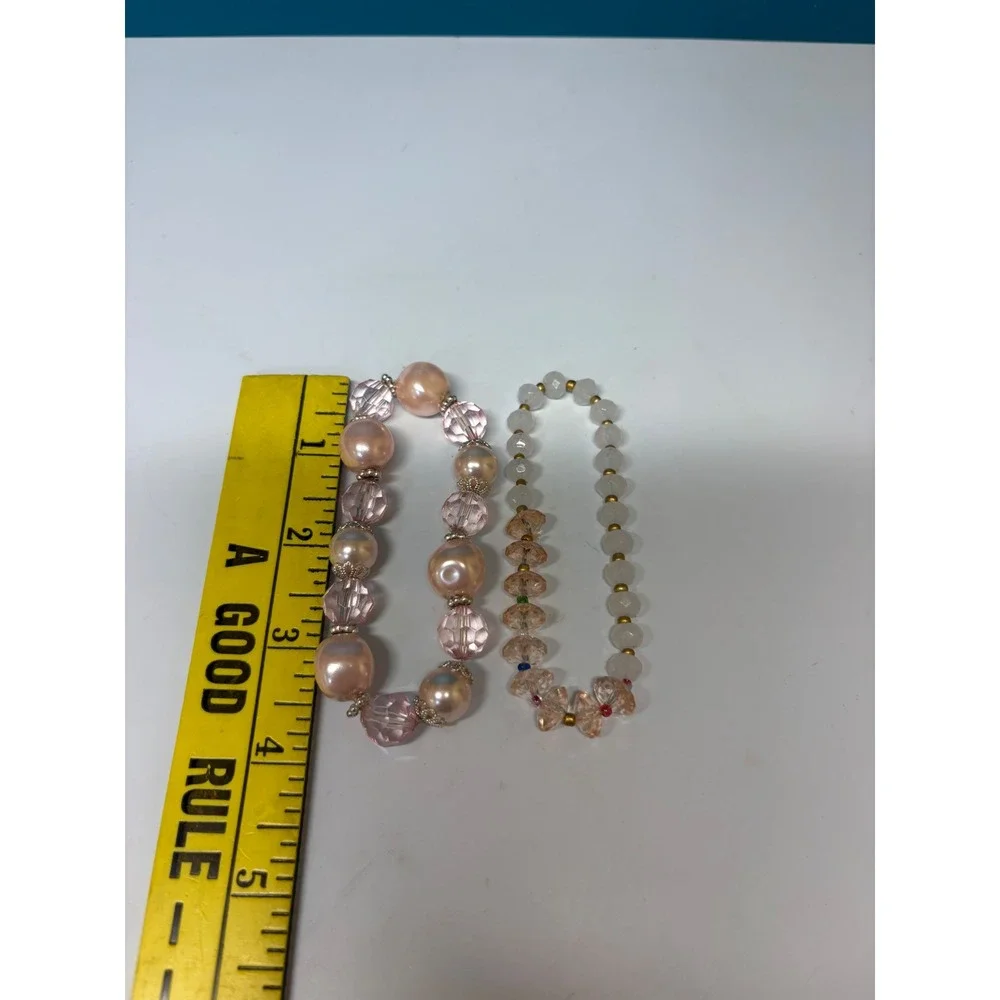 Pink Faux Pearl and Crystal Beaded Stretch Bracelet Set Gold Tone Heart 5 Piece